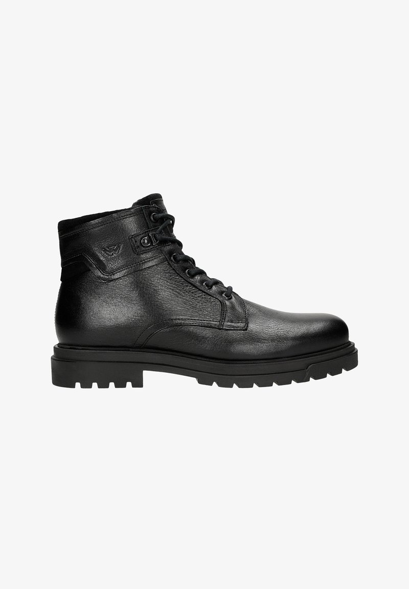 Stivaletto in pelle nera con lacci, lati testurizzati e suola in gomma robusta. Presenta un piccolo logo accentato sul lato superiore.