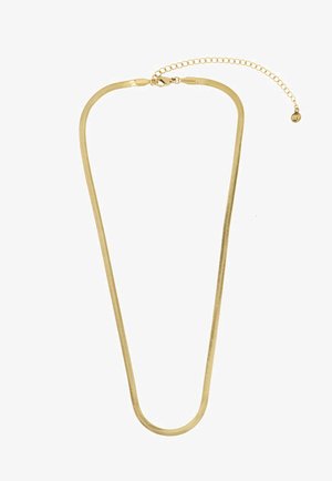 Gold-plated snake chain necklace, smooth texture, flexible design, features a lobster clasp and extended adjustable chain for length customization.