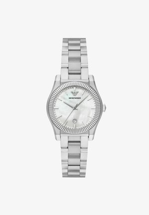 Silberner Edelstahl-Uhren mit rundem Gehäuse, Zifferblatt aus weißem Perlmutt, drei Zeigern und Datumseinstellung bei 6 Uhr. Design mit Gliederarmband.