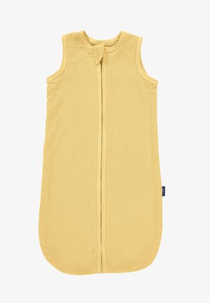 Yellow sleep sack made of textured fabric, featuring a front zipper, sleeveless design, and a rounded bottom with a side label tag.