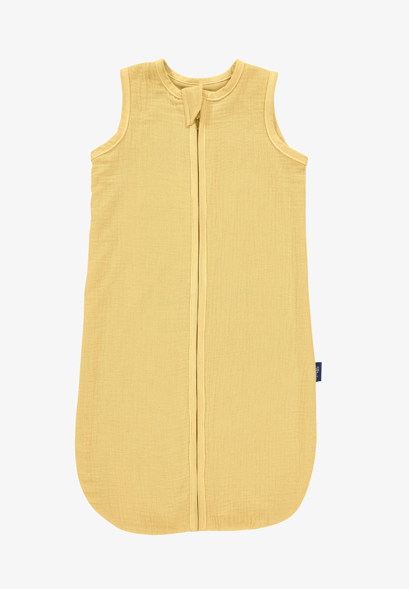 Yellow sleep sack made of textured fabric, featuring a front zipper, sleeveless design, and a rounded bottom with a side label tag.