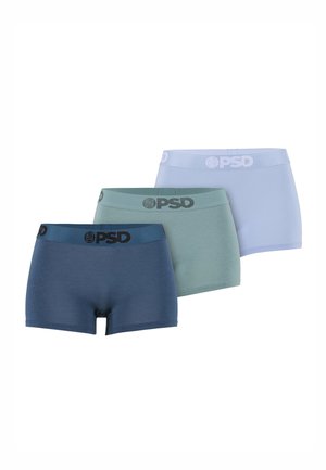 Tre boxer aderenti senza cuciture del marchio PSD in blu navy, verde salvia e azzurro, disposti a strati.