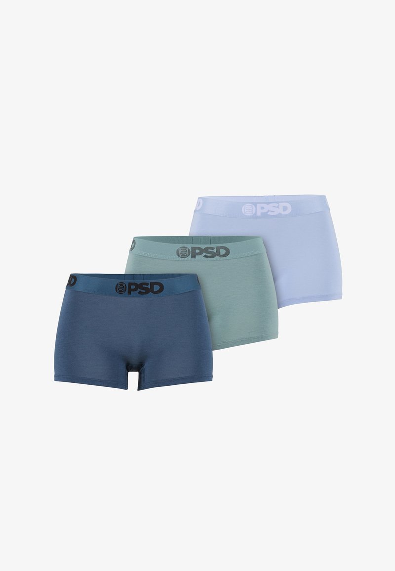 Trois caleçons boxers sans coutures de la marque PSD en bleu marine, vert sauge et bleu clair, disposés en présentation superposée.