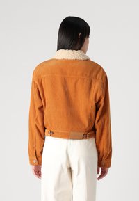 Giacca in velluto a coste arancione con colletto in pelliccia sintetica, caratterizzata da una trama a coste, polsini con bottoni e vita regolabile. Vista posteriore mostrata.