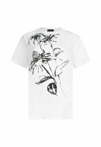 Tricou alb cu maneci scurte, decorat cu un design floral negru, având petale și frunze detaliate, imprimat pe material moale din bumbac.