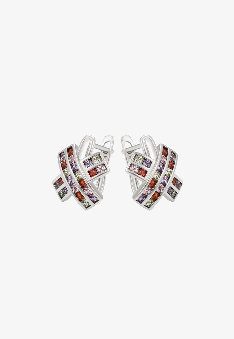 Orecchini in tonalità argento con gemme rettangolari in rosso, viola e verde, disposte in strisce orizzontali con un design geometrico.