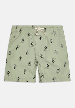 Grüne Shorts aus leichtem Stoff mit einem wiederholten schwarzen Mickey-Mouse-Print, einem Kordelzugbund und seitlichen Taschen.