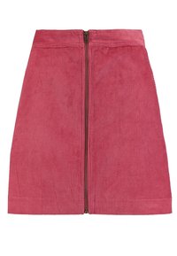 Roze corduroy rok met een rechte silhoeët, verticale ribbels en een rits aan de achterkant in het midden. Eenvoudige zoom, geen zakken.