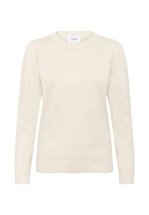 Svetlobežový pletený sveter s dlhými rukávmi, ribovanými manžetami a lemom, okrúhlym výstrihom a jemnou textúrou. Značka je označená "Saint."