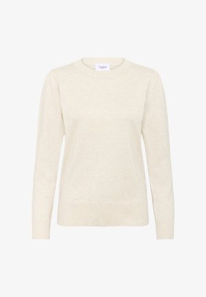 Svetlobežový pletený sveter s dlhými rukávmi, ribovanými manžetami a lemom, okrúhlym výstrihom a jemnou textúrou. Značka je označená "Saint."