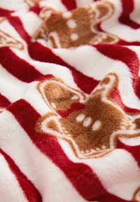 Coperta in pile con un motivo a righe rosse e bianche, decorata con biscotti di pan di zenzero in toni caldi di marrone e beige, morbida e texture.