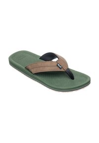 Brun och svart flip-flop sandal med en grön gummisula, texturerad fotbädd och ett slätt rem. Har en smal profil och lättviktsdesign.