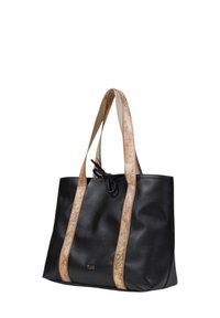 Borsa tote nera in pelle con manici beige a motivo mappa e chiusura a coulisse. Presenta una texture liscia e un design semplice.