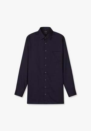 Chemise à manches longues avec boutons en bleu marine foncé, dotée d'un col classique, d'une poche poitrine unique et de coutures discrètes. Fabriquée en tissu lisse.