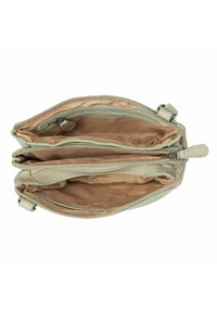 Borsa con zip a tre scomparti in pelle verde chiaro. Fodera interna morbida in beige, con dettagli cuciti e particolari in metallo.