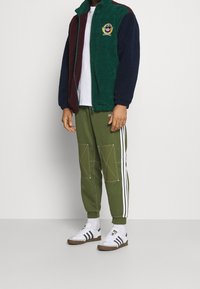 Man som bär en färgglad fleecejacka, vit t-shirt, olivgröna träningsoverallsbyxor med vita ränder, och vita Adidas-sneakers med svarta ränder.