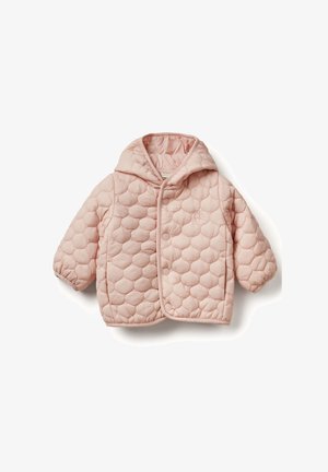 Padded pink jacket mit einem gesteppten Muster, Kapuze und Druckknopfverschluss. Abgerundete Ärmel und geschwungener Saum. Weicher, glatter Stoff.