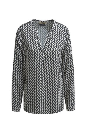 Navy and cream patterned long-sleeve blouse with a V-neck, featuring a geometric design and a relaxed fit, made from lightweight fabric.