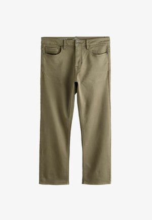 Khakifarbene Baumwollhose im geraden Schnitt, mit einer Vorderseite-Tasche, Gürtelschlaufen und tonalem Nähen für ein nahtloses Erscheinungsbild.