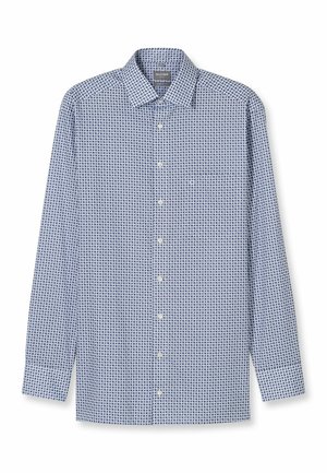 Blau-weißes Langarmhemd mit geometrischem Muster, Button-down-Kragen und weißen Knöpfen. Hergestellt aus gewebtem Stoff mit glatter Textur.