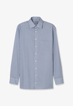 Blau-weißes Langarmhemd mit geometrischem Muster, Button-down-Kragen und weißen Knöpfen. Hergestellt aus gewebtem Stoff mit glatter Textur.