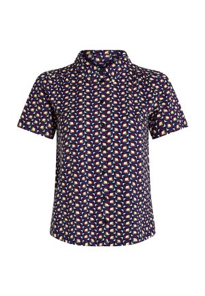 Kurzarmhemd in Marineblau mit einem geometrischen Muster aus Quadraten in Rot, Grün und Creme. Button-Down-Kragen und Vorderpasse mit Knopfleiste.