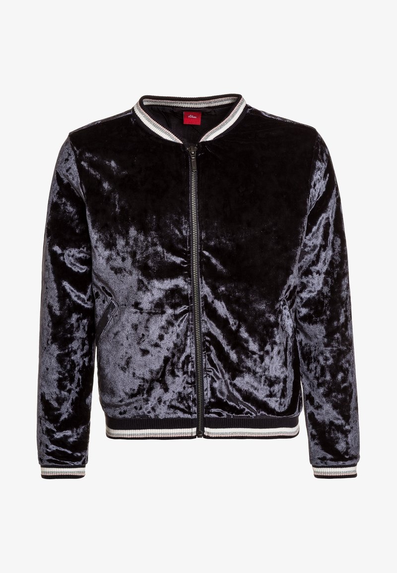 Veste bomber en velours noir et gris avec fermeture éclair à l'avant, col, poignets et ceinture côtelés rayés.
