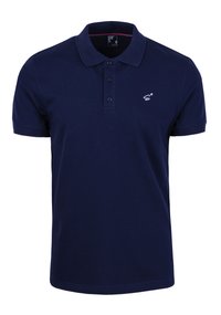 Navyblaue Polohemden aus Baumwolle mit dreiknöpfiger Knopfleiste, kurzärmlig und einem kleinen gestickten Logo auf der Brust.