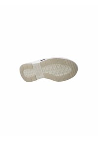 Semelle de chaussure avec des motifs de texture antidérapants, en matériau en caoutchouc beige, un design moulé distinct et une légère courbure au niveau du talon.
