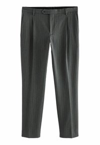 Graue Nadelstreifenhose mit maßgeschneiderter Passform, flacher Front, Gürtelschlaufen und einem einzigen Knopfverschluss.