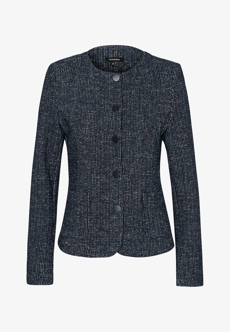 Blazer ajusté pour femme bleu foncé texturé avec encolure ronde et cinq boutons noirs à l’avant.