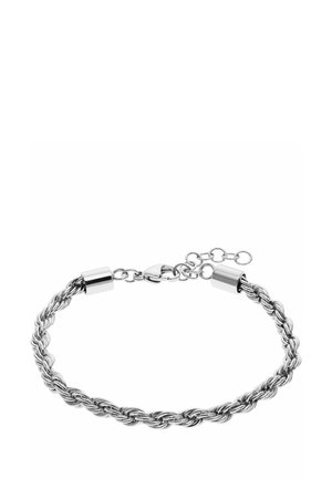 Sølv snoet rebskæde armbånd med hummerlås og justerbare kædelink på hvid baggrund.