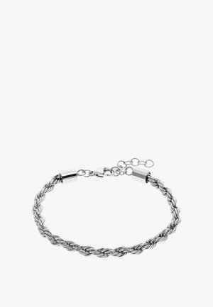 Sølv snoet rebskæde armbånd med hummerlås og justerbare kædelink på hvid baggrund.