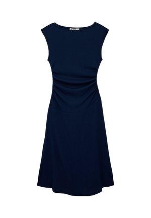 Abito senza maniche blu navy lunghezza al ginocchio con scollo rotondo e lati arricciati in vita per una silhouette aderente.