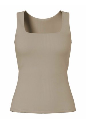 Top beige senza maniche da donna con scollo quadrato e silhouette aderente, mostrato su uno sfondo bianco.