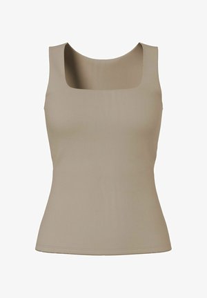 Bež ženski top bez rukava s kvadratnim izrezom i prilagođenim siluetom, prikazan na jednobojnoj bijeloj pozadini.