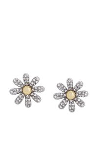Orecchini a forma di fiore in tonalità argento, con strass trasparenti e una perla centrale in tonalità oro. I petali presentano una finitura testurizzata.