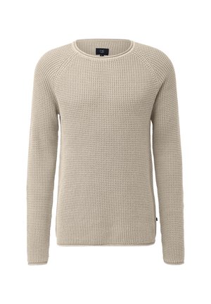 Šviesiai rudas megztas džemperis su apvaliu kaklu, ilgomis raglan rankovėmis ir tekstūrinio mezgimo raštu. Yra subtilus apvadas ir etiketė šone.
