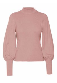 Maglione a coste rosa con colletto alto e maniche lunghe a sbuffo. Presenta polsini aderenti e una consistenza liscia, progettato per un comfort aderente.