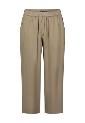Beige, lightweight trousers with an elastic waistband, side pockets, and a straight-leg cut. Smooth texture with a simple design.