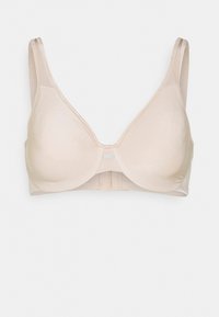 Beige melltartó sima kosarakkal, keskeny állítható pántokkal és hátul kapcsos záródással. Minimális hardver és mintázat nélkül.