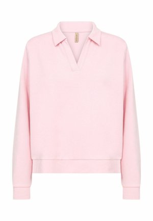 Ljusrosa tröja med V-ringning och krage. Långa ärmar med ribbade muddar. Mjukt tyg med en slät textur och enkel design.