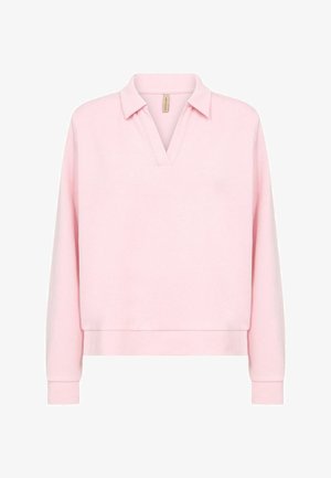 Lichtroze pullover met een V-hals en een kraag. Lange mouwen met geribbelde manchetten. Zachte stof met een gladde textuur en een eenvoudig ontwerp.