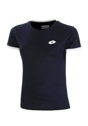 T-shirt de sport à manches courtes bleu marine avec des bordures blanches sur les manches et le col, arborant un logo Lotto blanc sur la poitrine.