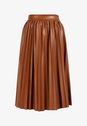 Brąskowa, plisowana spódnica skórzana z wysokim stanem. Posiada pionowe fałdy i gładką teksturę, sięgającą do długości połowy łydki.