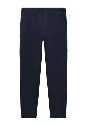 Navy blue tapered pants made of soft, stretchy fabric. Features an elastic waistband and side pockets for practicality.
