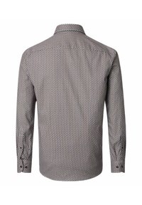 Langärmliges Hemd mit Kragen. Verfügt über ein geometrisches Muster in Blau und Beige auf einem strukturierten Stoff. Mit Knöpfen an den Ärmeln.