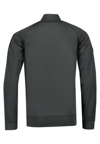 Pánská tmavě šedá mikina, vyrobená z hladkého materiálu, s vysokým límcem, dlouhými rukávy a žebrovanými manžetami a lemem.