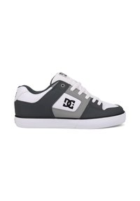 Sneakers with a synthetic leather upper, featuring grey and white panels, white laces, black accents, and a black logo on the side.