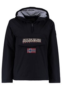 Giacca nera con cappuccio e zip frontale, con fodera grigia, una grande tasca frontale e toppe ricamate del marchio e della bandiera norvegese.